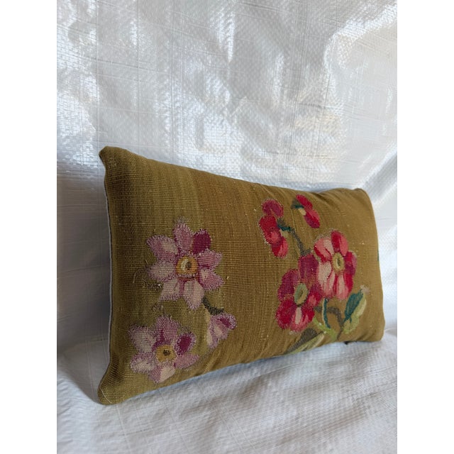 1850s Antique Aubusson Floral Lumbar Pillow in Olive Gold Design For Sale - Image 4 of 7