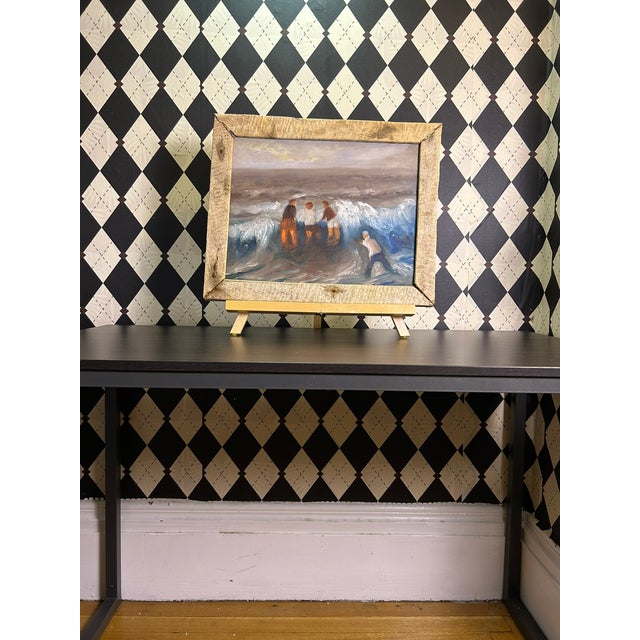 1990s Original Coastal Figural Seascape Oil Painting in Rustic Wood Frame, 18" For Sale - Image 14 of 16