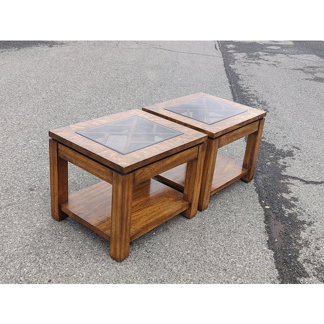 Wood Vintage Glass Top End Table Burled Walnut Finish - A Pair For Sale - Image 7 of 9