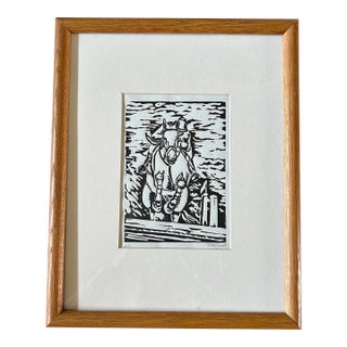 Artists Proof Original Woodblock Black & White Print of Horse and Rider Jumping For Sale