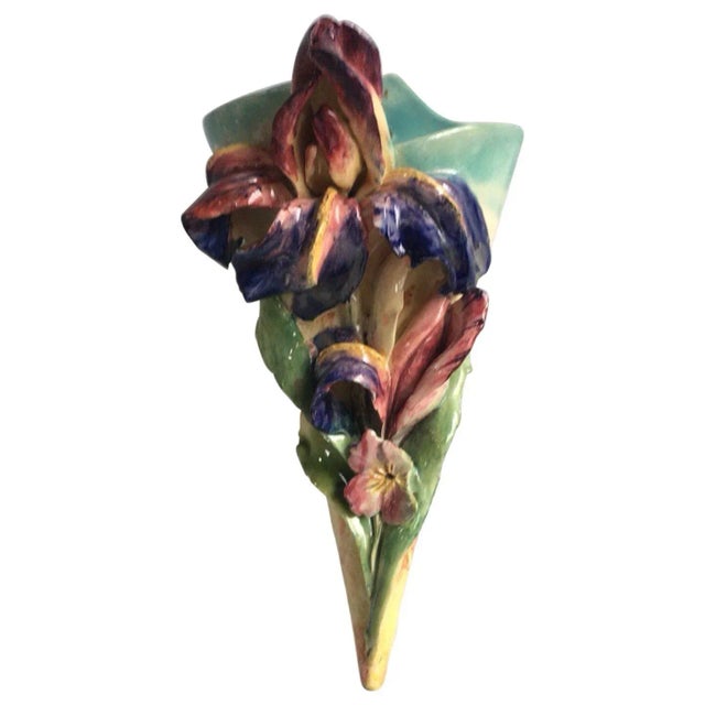 Cerise Late 19th Century Fives Lille French Majolica Morning Glory Wall Pocket For Sale - Image 8 of 11