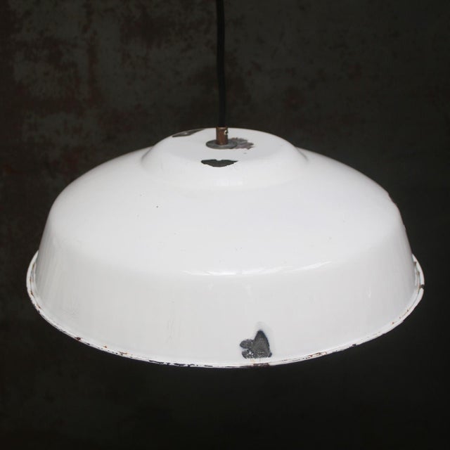 Industrial Vintage Industrial French White Enamel Factory Pendant Light For Sale - Image 3 of 5