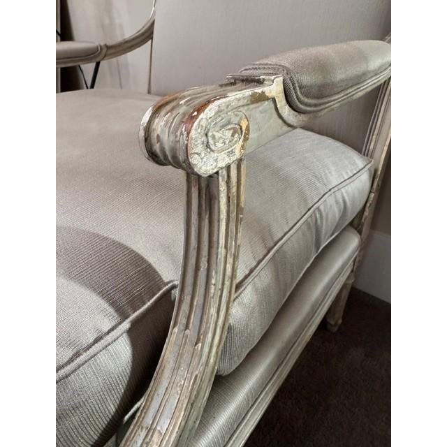 Pair of Louis XVI Style Hand-Painted Armchairs in Silk Upholstery For Sale - Image 4 of 6