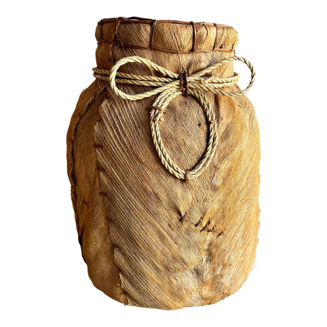 Large Vintage Primitive Folk Art Basket Planter Hand-Woven Palm Bark For Sale