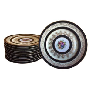 Antique Black Striped Floral Cabinet Plates - Set of 12