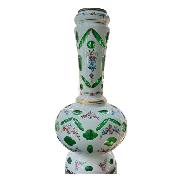 1920s GORGEOUS emerald green Bohemian glass accent lamp // White opaline cut to clear // hand-painted flower garlands // cased glass // cameo For Sale