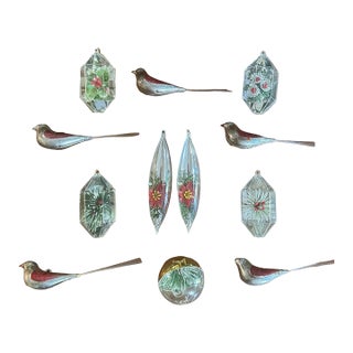 Vintage 1960s Jewelbrite Botanical & Bird Christmas Ornaments — Set of 14 For Sale