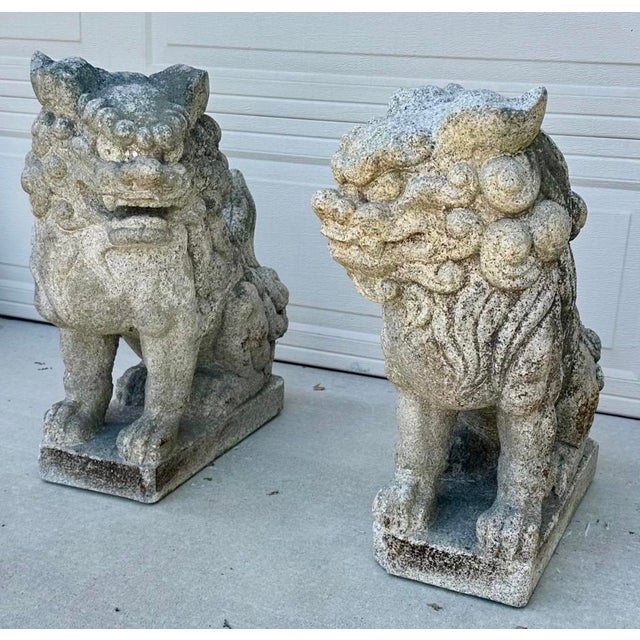 Japanese Rare Late 19th Century Meiji Era Japanese Granite Komainu Guardian Lions Hand Carved Stone Foo Dogs / Shishi Pair (C. 1890) For Sale - Image 3 of 18