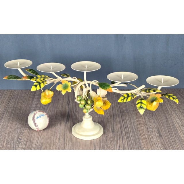 Mid-Century Modern Late 20th Century Tole Hand Painted Metal & Iron Candle Holder, Pears Apples Grapes For Sale - Image 3 of 11