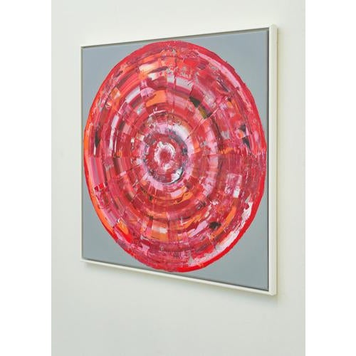 Blue Bernhard Lang, Blue and Red Circles on Gray, Paintings on Canvas, Framed, Set of 2 For Sale - Image 8 of 13