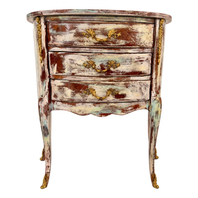 1990s Authentic Made in Italy Bombe Commode - Distressed Painted 3 Drawer Nightstand, Vintage Italian Florentine Accent Chest, Gilt Table 28" For Sale