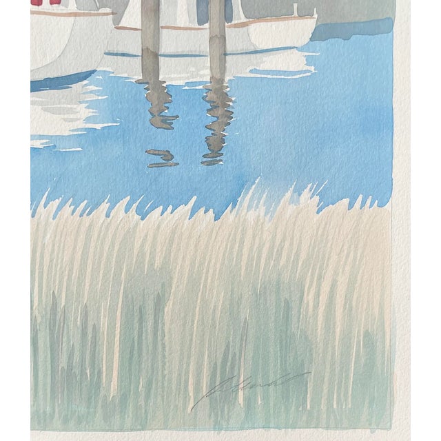 1990s dock scene with motor and sailboats, signed illegibly lower right. Large watercolor on heavy paper. Combined...