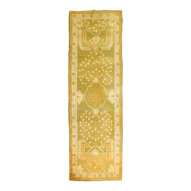 Forest Green Wide Antique Turkish Oushak Runner For Sale