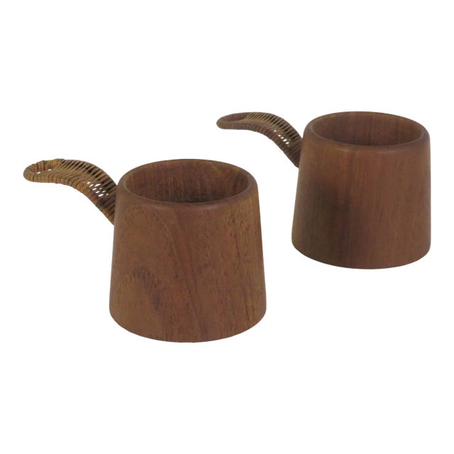 1960s Scandinavian Modern Teak & Raffia Candle Holders- a Pair For Sale