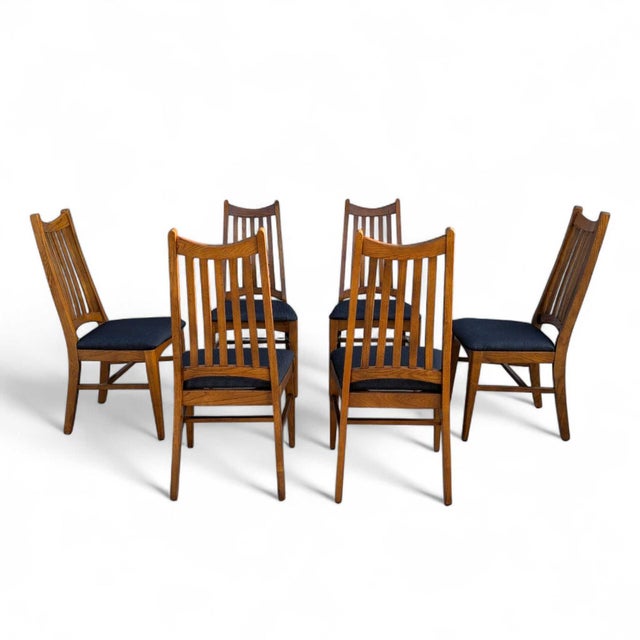 Set of Six Restored Mid-Century Oak Slat-Back Dining Chairs, Walnut For Sale - Image 14 of 18