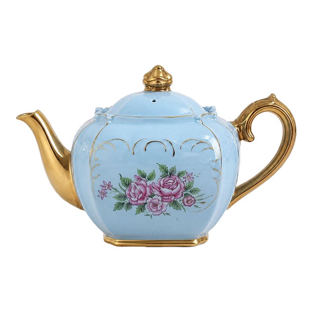 Vintage Light Blue Floral Porcelain Teapot For Sale
