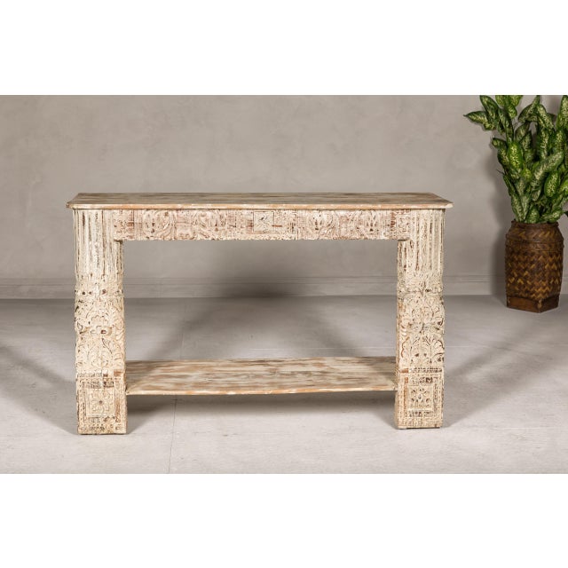 Mughal Style Whitewash Console Table with Carved Apron and Lower Shelf For Sale In New York - Image 6 of 12