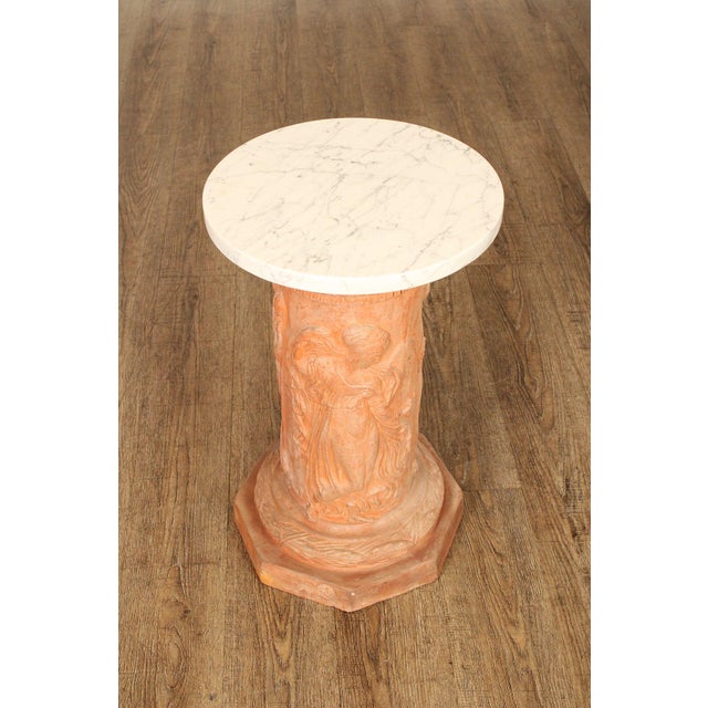 High Quality Vintage Terracotta Pedestal or Plant Stand with Round Marble Top and Classical Relief Scenes, Marked on Base...
