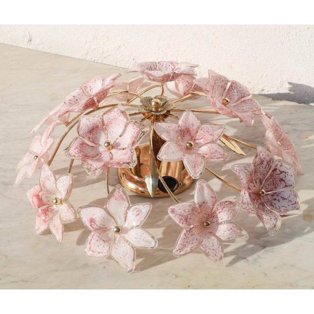 Glass Vintage Murano Ceiling Light Pink Flowers, 1970s For Sale - Image 7 of 13