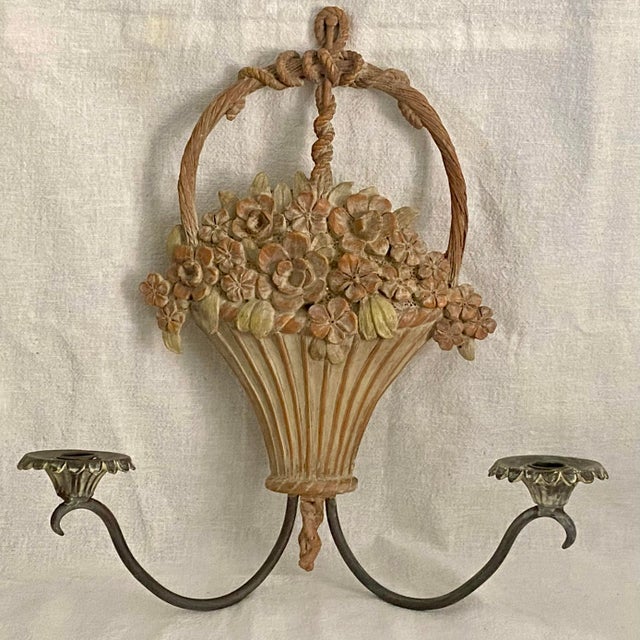 French Country Flower Basket Candle Sconces Metal and Plaster Composite - A Pair For Sale - Image 3 of 10