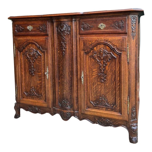 Antique French Sideboard Foyer Table Cabinet Louis XV Carved Tiger Oak C1890 For Sale