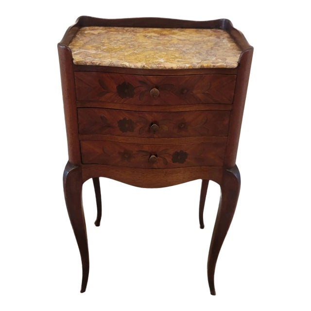 19th Century French Louis XV Style Marquetry Inlaid Marble Top Nightstand For Sale