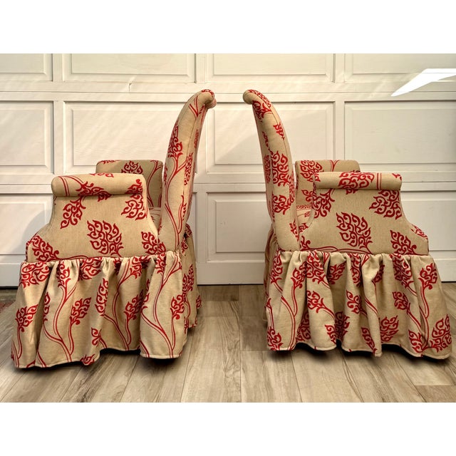 Pair of Vintage Skirted Swan Arm Chairs With Red Embroidered Textile For Sale - Image 14 of 15