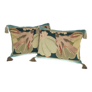 Bird in Foliage Antique Wool Tapestry Lumbar Pillow Cover With Tassels, a Pair For Sale