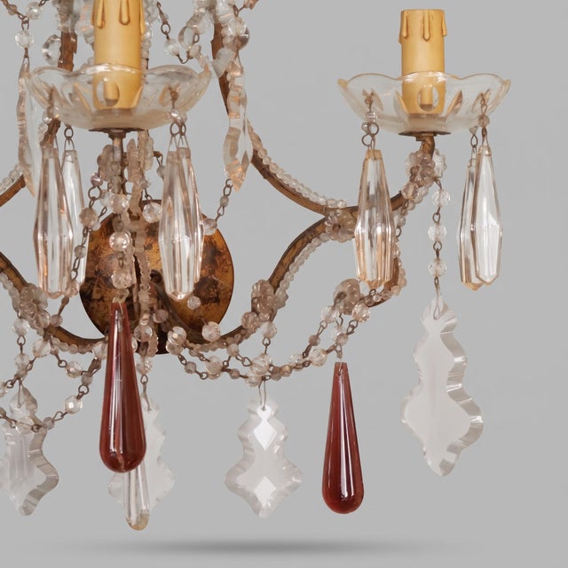 Glass Three-Light Louis XV Style Wall Sconces in Gilt Iron with Glass Beads and Crystal Drops, 1930s, Set of 2 For Sale - Image 7 of 9