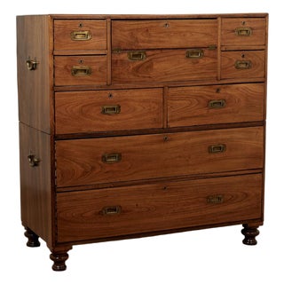 Antique Camphor Wood Campaign Chest With Pullout Desk For Sale