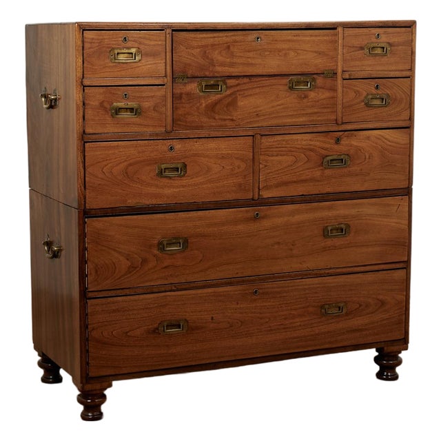 Antique Camphor Wood Campaign Chest With Pullout Desk For Sale