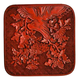 Handcrafted Vintage Chinese Red Lacquer Square Floral Accent Box