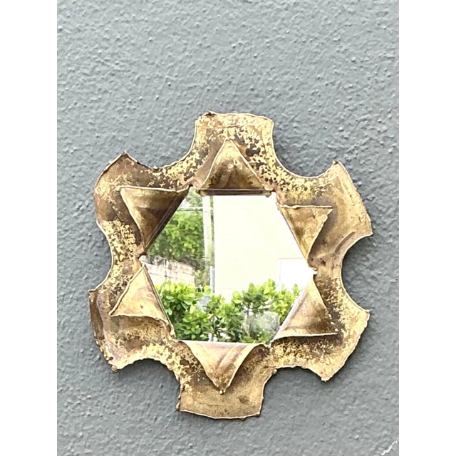 Mid-Century Modern Vintage Punch Cut Brass Mirror For Sale - Image 3 of 12