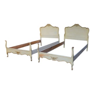 Vintage Gold Accented Cream French Provincial Twin Bed Frames - a Pair For Sale