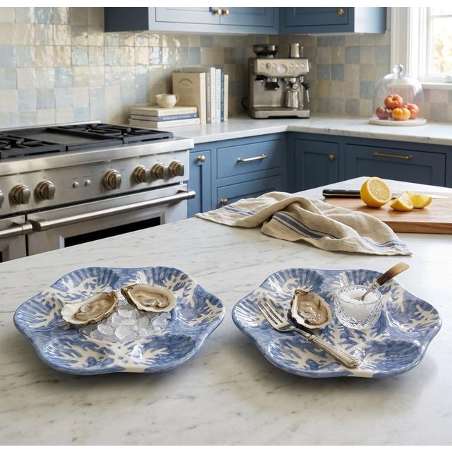 Blue Pair of Italian Les Ottomans Hand-Painted Blue Coral Oyster Plates For Sale - Image 8 of 11