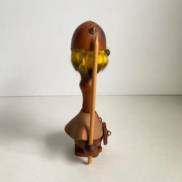 Mid Century Danish Modern 1960s Teak Viking Figurine Leather Fur Gnome Statue For Sale - Image 4 of 9
