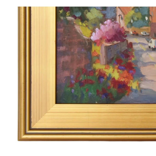 Silvio Silvestri, Italian Village With Flowers Oil Painting Including the Antiqued Gold Frame For Sale - Image 10 of 13