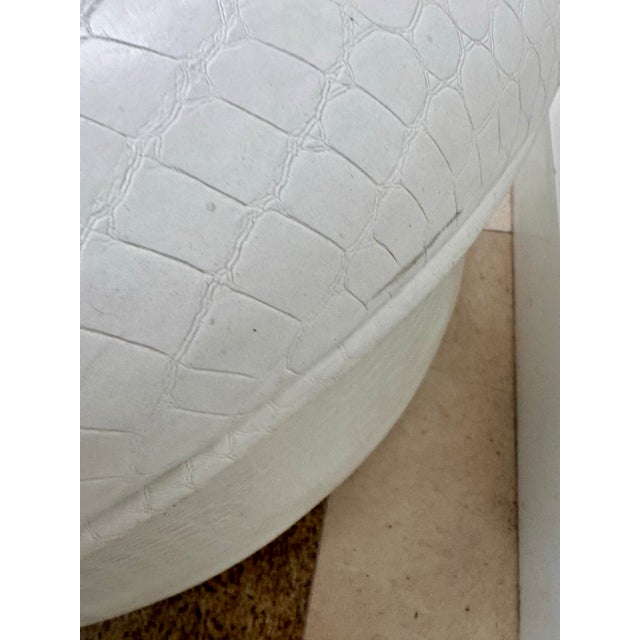 Vintage White Faux Alligator Round Ottoman With Chrome Plinth Base For Sale - Image 9 of 10