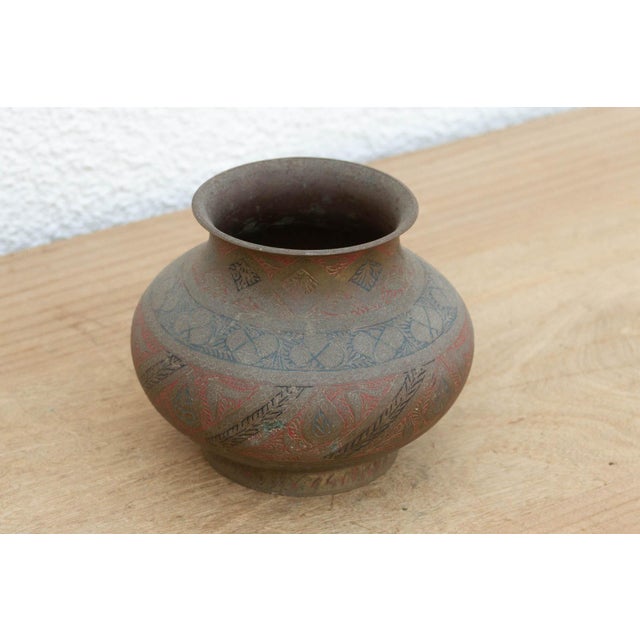 Red & Black Enamel Antique Brass Vessel For Sale - Image 4 of 7