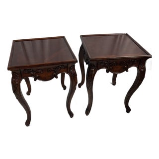 Set of 2 Antique Solid Wood Accent Table With Cabriole Legs and Carved Accents For Sale