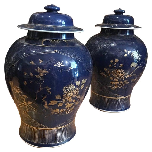 18th Century Chinese Powder Blue Gilt Decorated Jars, Set of 2 For Sale