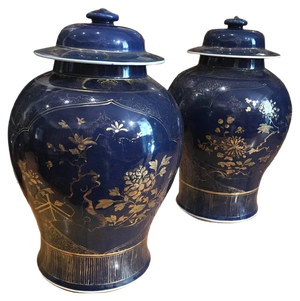 18th Century Chinese Powder Blue Gilt Decorated Jars, Set of 2