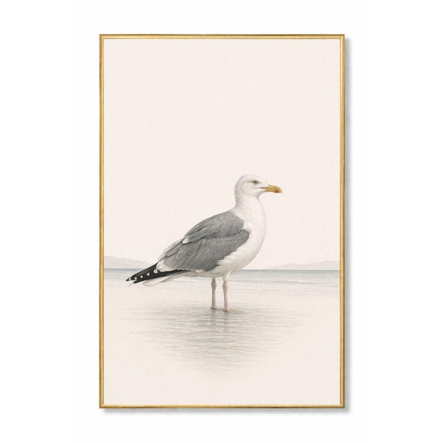 Elegant coastal artwork featuring a seagull standing in shallow shoreline water, rendered with soft feather detail and a...