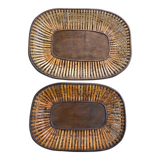 Boho Chic Split Reed Bamboo Basket Trays ~ Set of 2 For Sale