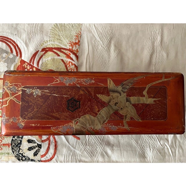 Antique 14" Japanese Meiji Maki-e Lacquer Fubako Document Box Bird & Blossoms For Sale - Image 4 of 10