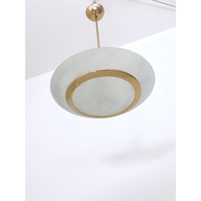 Brass and Etched Glass Bowl Pendant in the style of Fontana Arte, Italy, 1980s For Sale - Image 6 of 9