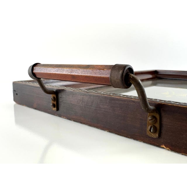 1960s 1960s English Regency Style Inlaid Mahogany Serving Tray With Greek Key Border and Wood & Brass Handles For Sale - Image 5 of 10