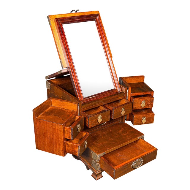 Vintage Valet Case, Korean, Oriental Elm, Brass, Grooming Box, Mirror, c.1970 For Sale