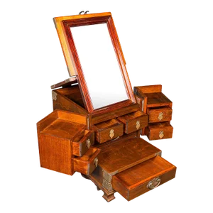 Vintage Valet Case, Korean, Oriental Elm, Brass, Grooming Box, Mirror, c.1970