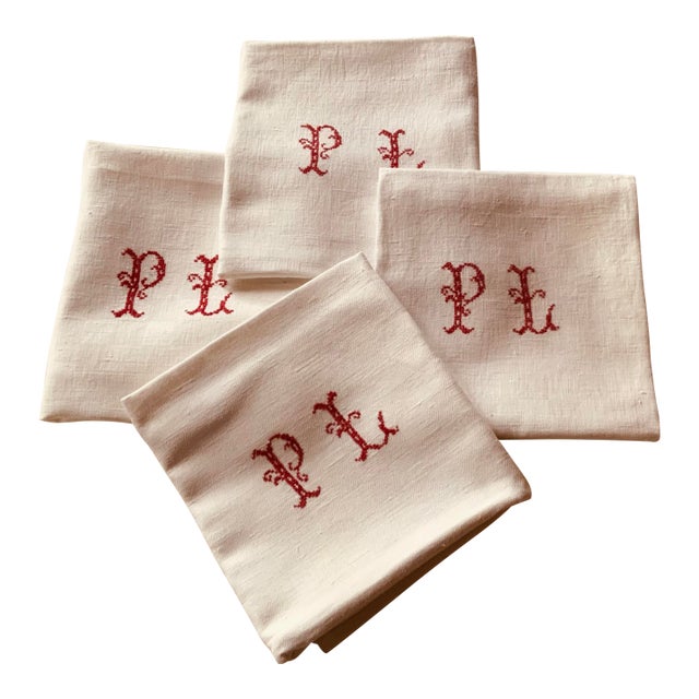 Exceptional Quartet of French Linen Napkins With Turkey Red Monograms, C. 1910 For Sale